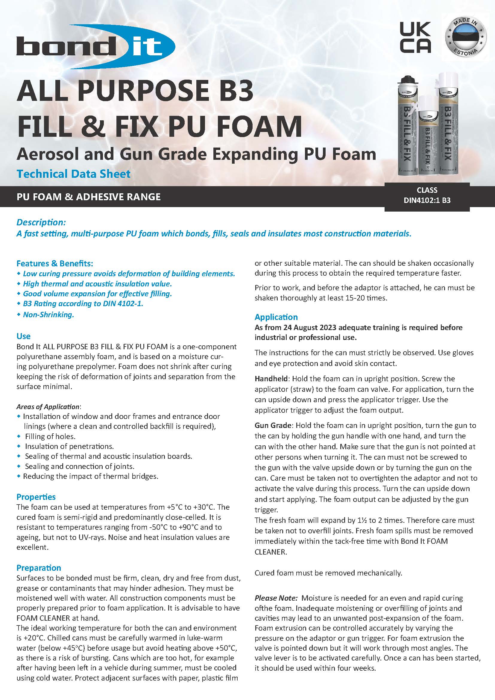 Bond It B3 Fill & Fix PU foam technical data sheet (TDS) 1