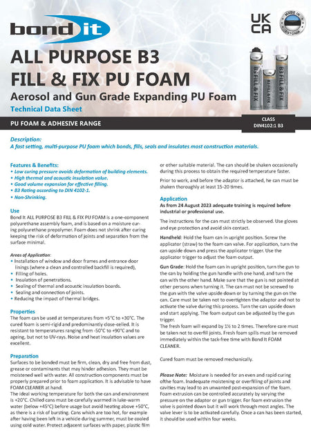 Bond It B3 Fill & Fix PU foam technical data sheet (TDS) 1