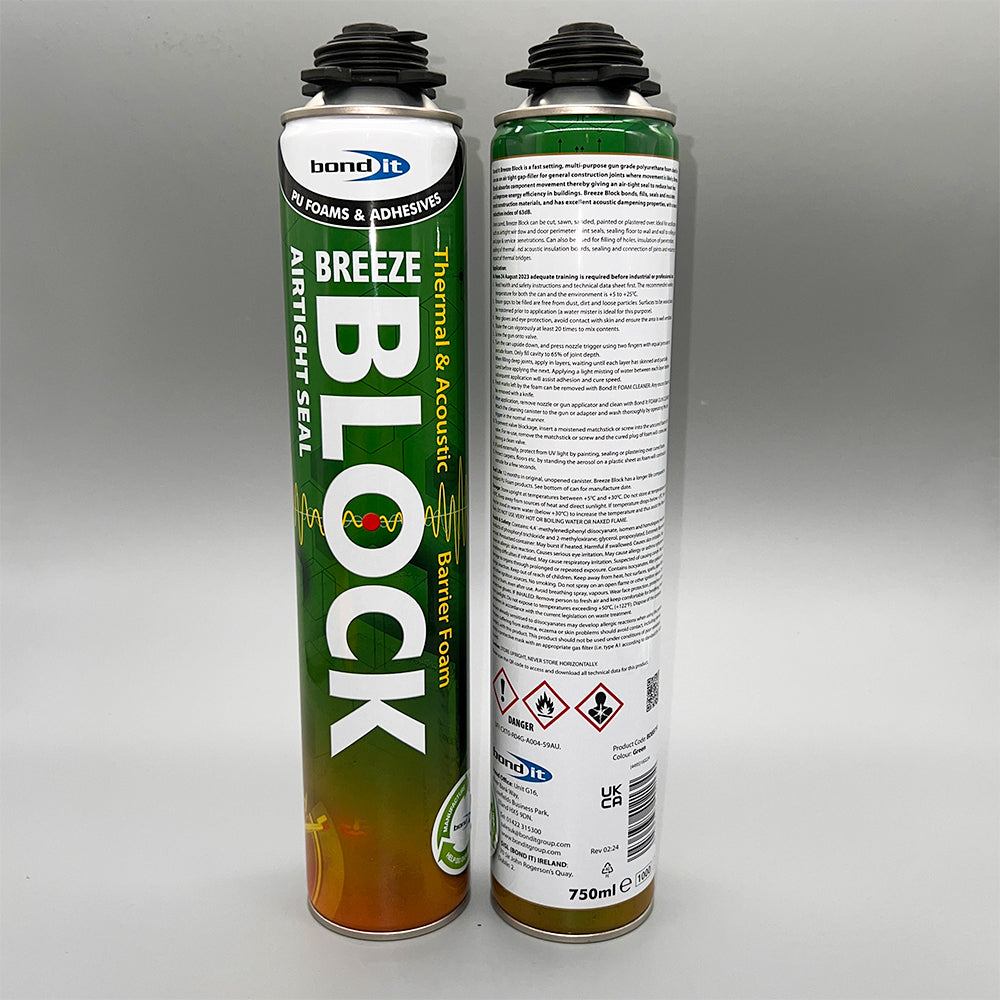 Front label and back instructions of Bond It Breeze Block airtight PU foam 750ml gun grade