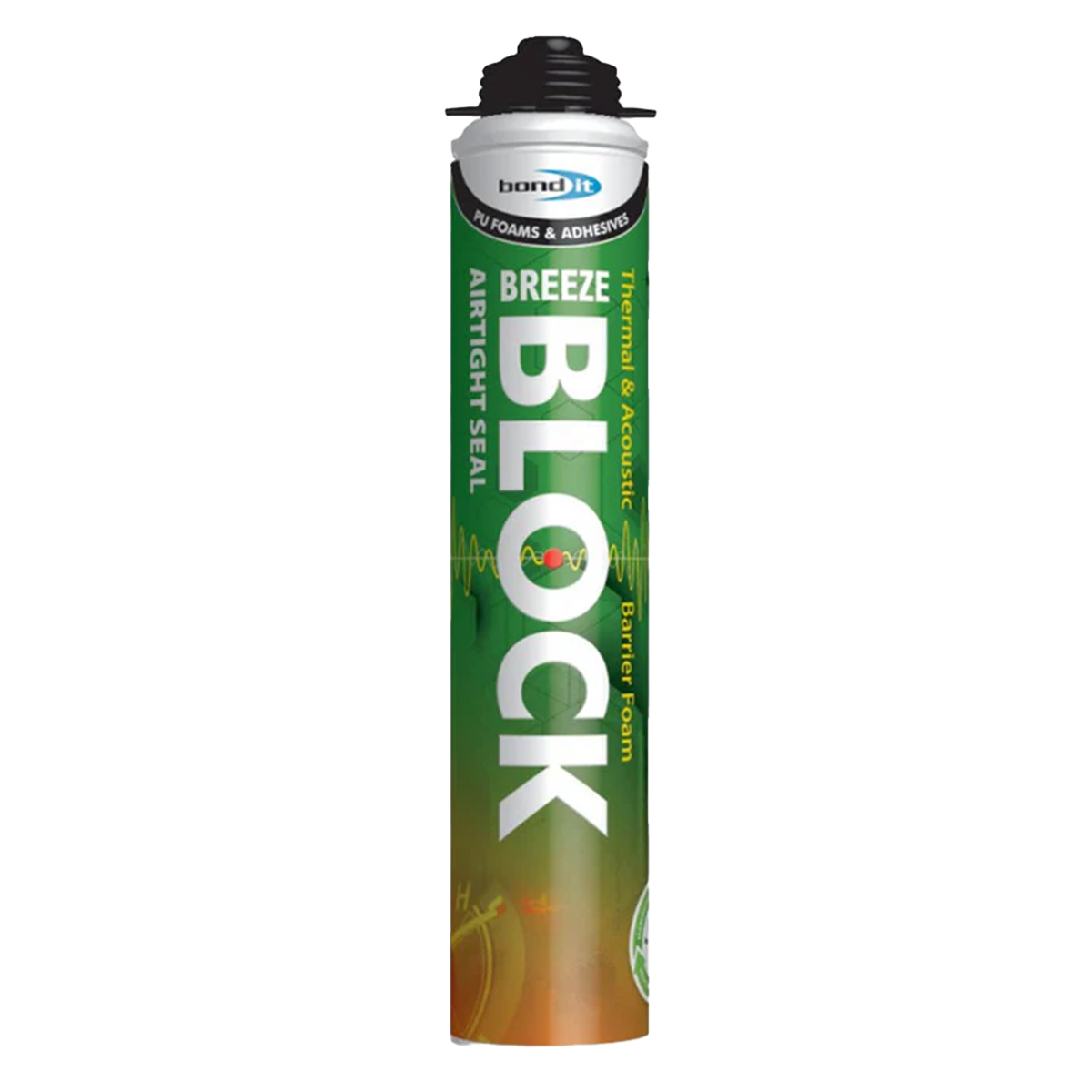 Bond It Breeze Block airtight PU foam 750ml gun grade green can on white background