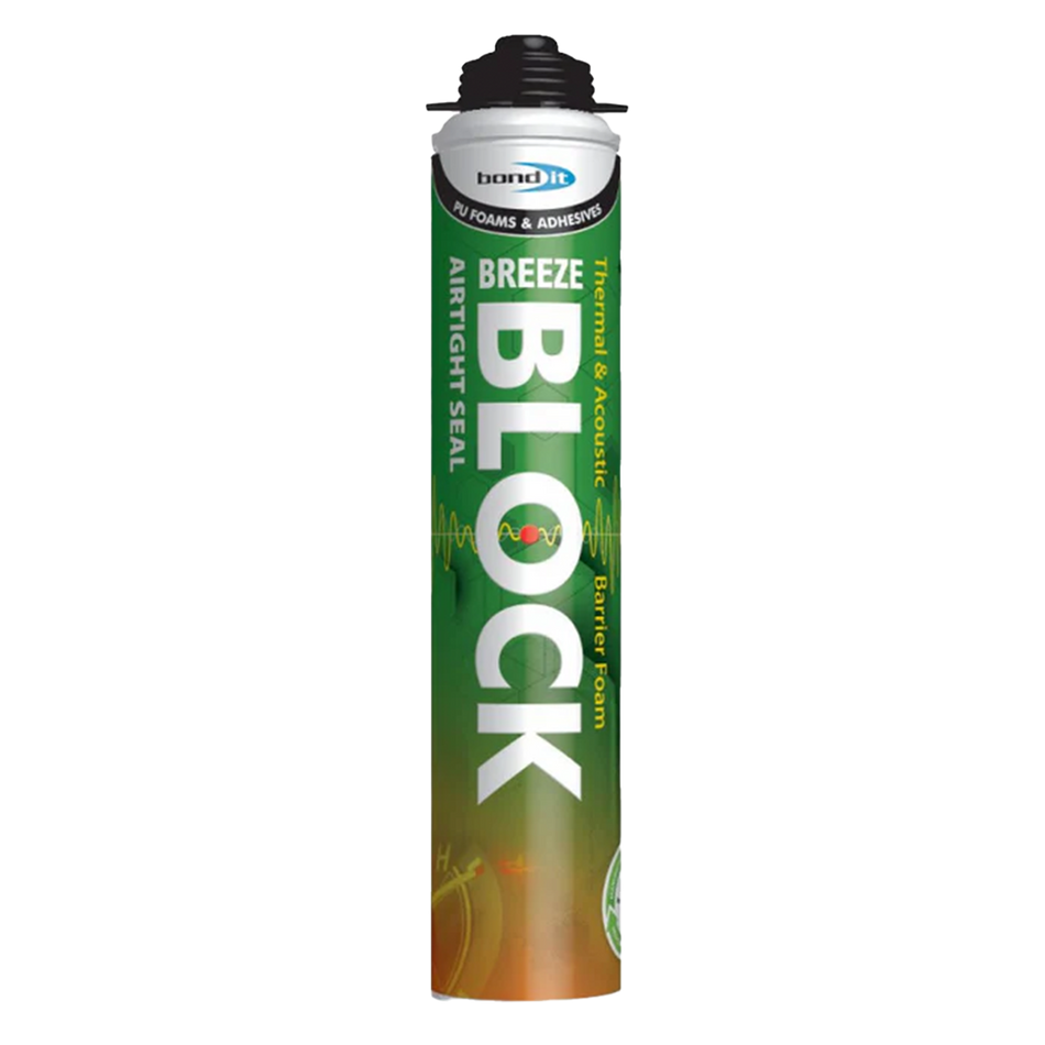 Bond It Breeze Block airtight PU foam 750ml gun grade green can on white background