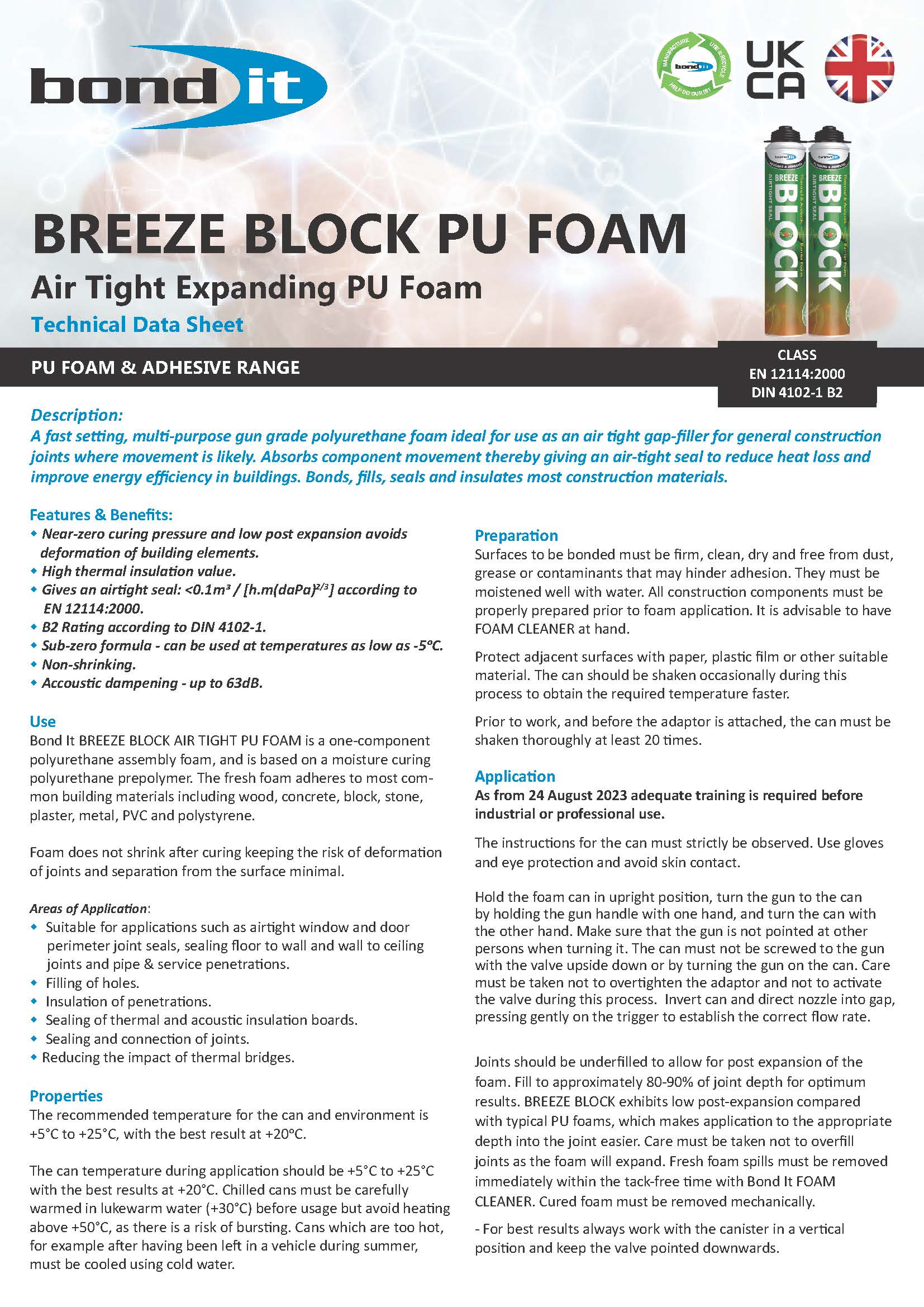 Bond It Breeze Block airtight PU foam technical data sheet (TDS) 1