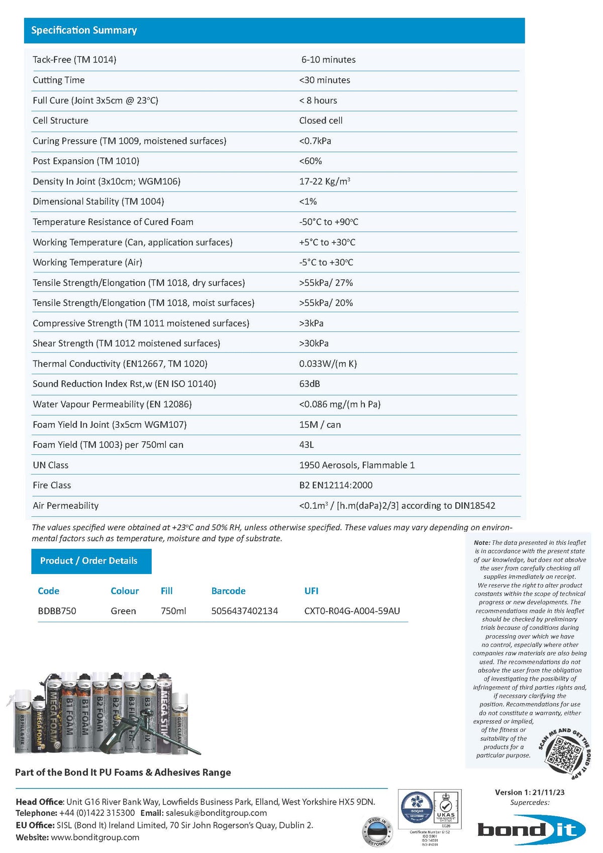 Bond It Breeze Block airtight PU foam technical data sheet (TDS) 3