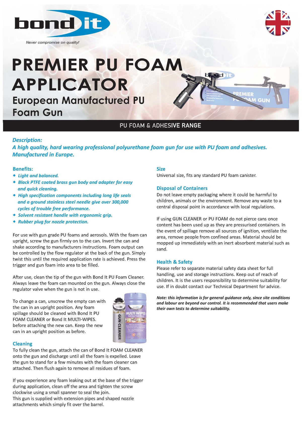 Bond It professional foam applicator gun product information page 1