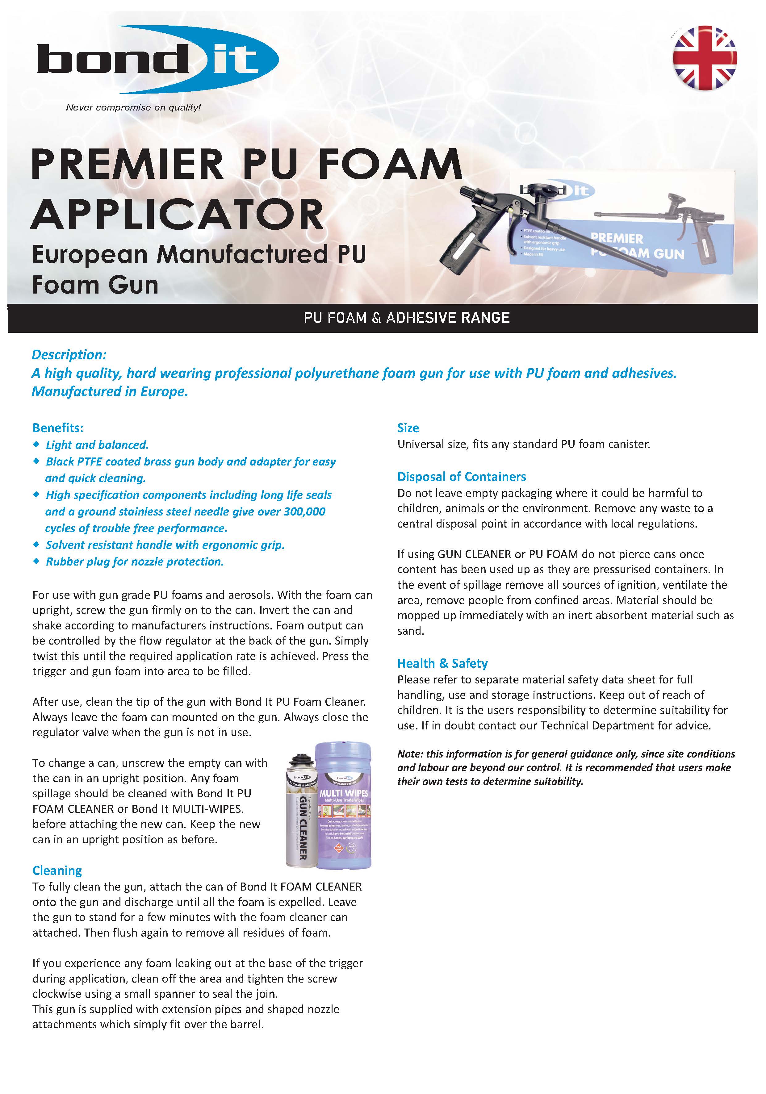 Bond It professional foam applicator gun product information page 1
