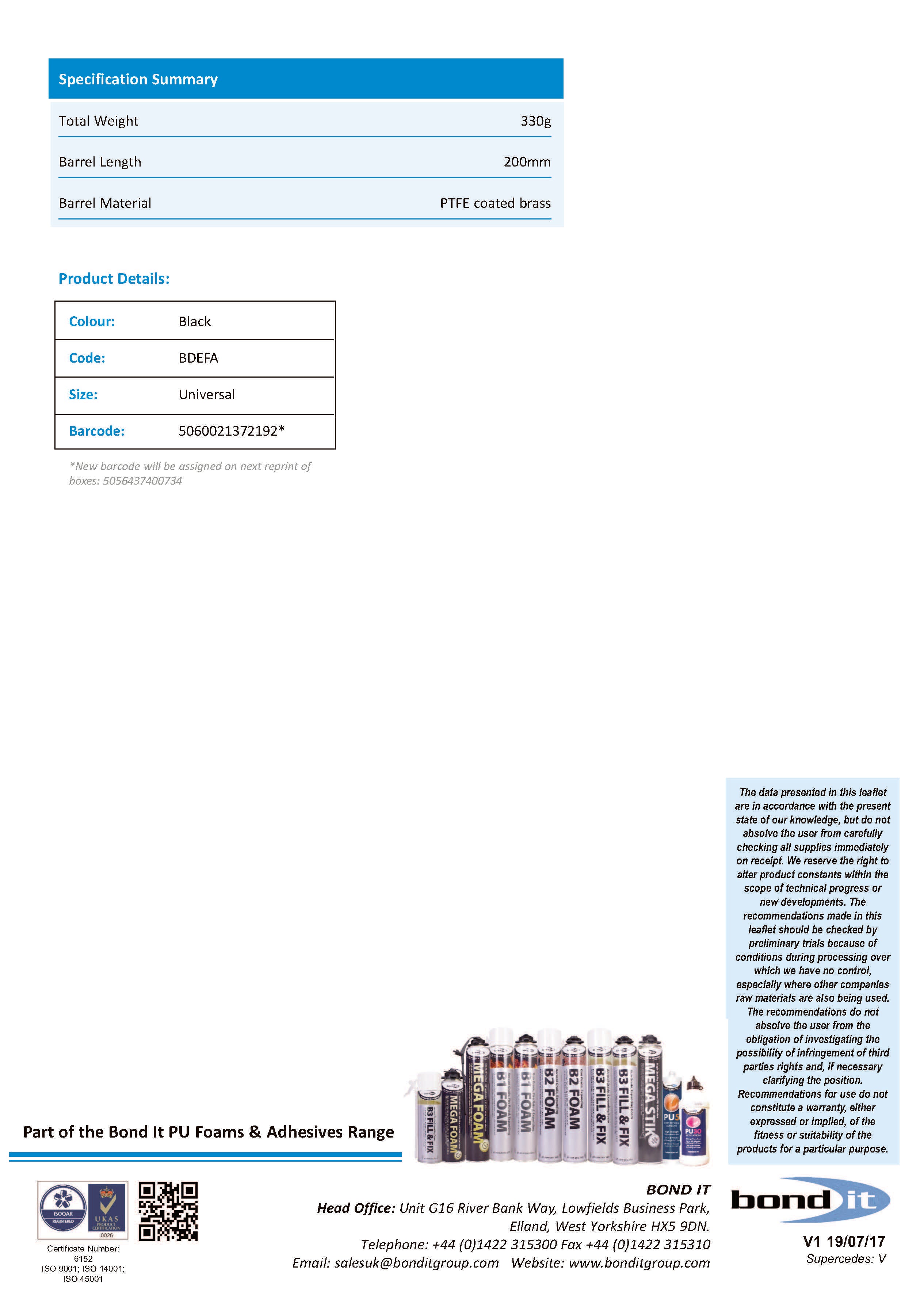 Bond It professional foam applicator gun product information page 2