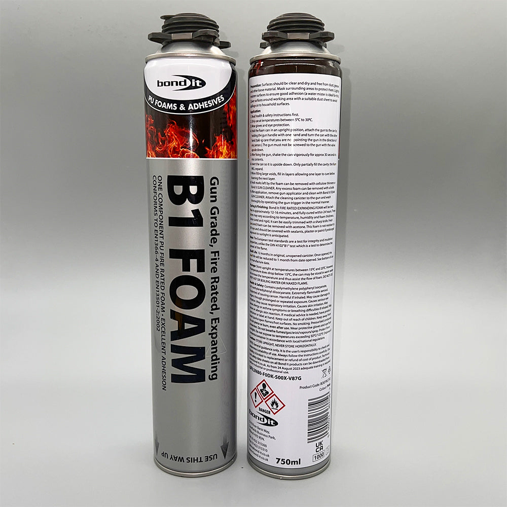Front label an back instructions of Bond It B1 fire resistant expanding PU foam gun grade 750ml