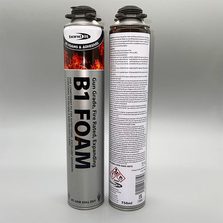 Front label an back instructions of Bond It B1 fire resistant expanding PU foam gun grade 750ml