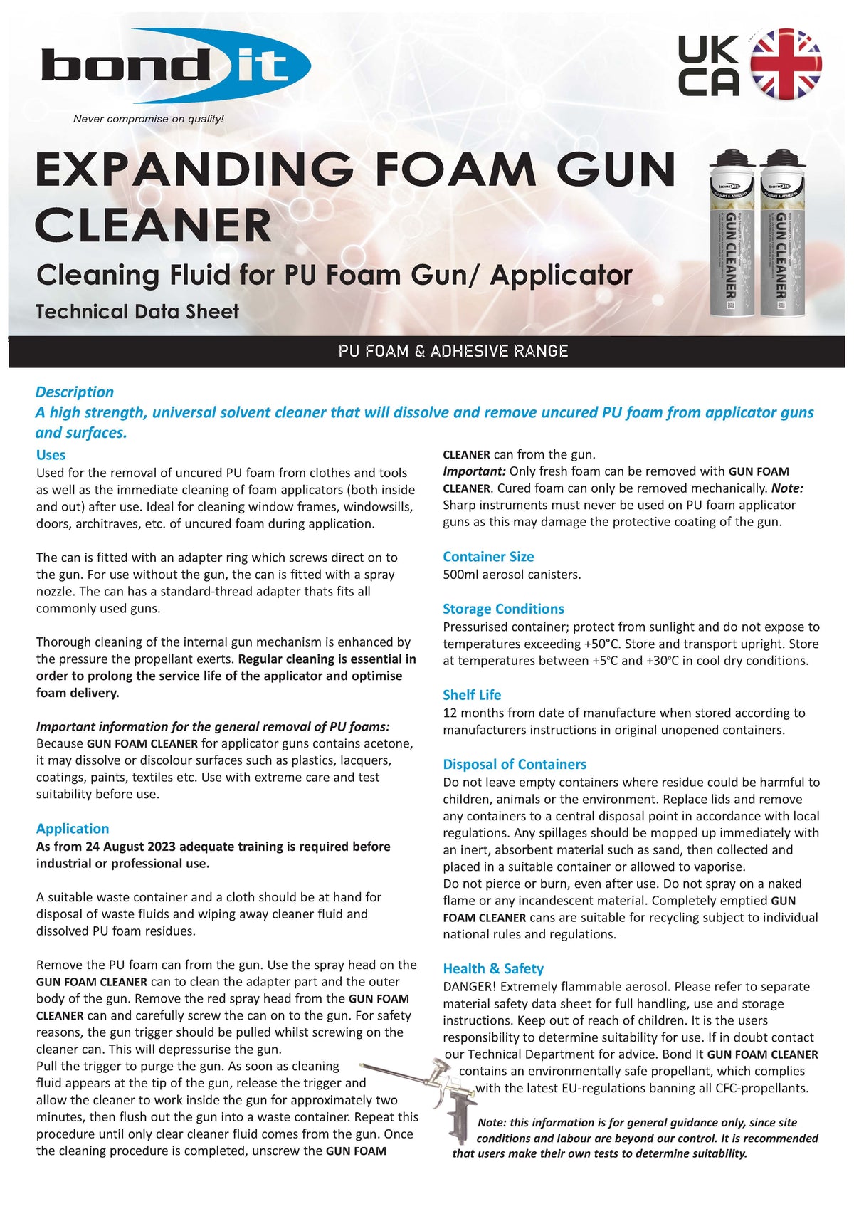 Bond It expanding foam gun cleaner technical data sheet (TDS)