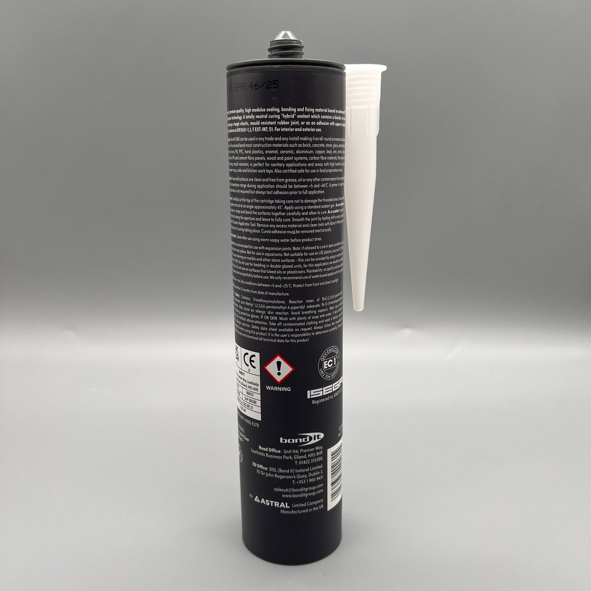 Back of Bond It GBX Next Gen STP Clear Hybrid Sealant & Adhesive showing product information and instructions