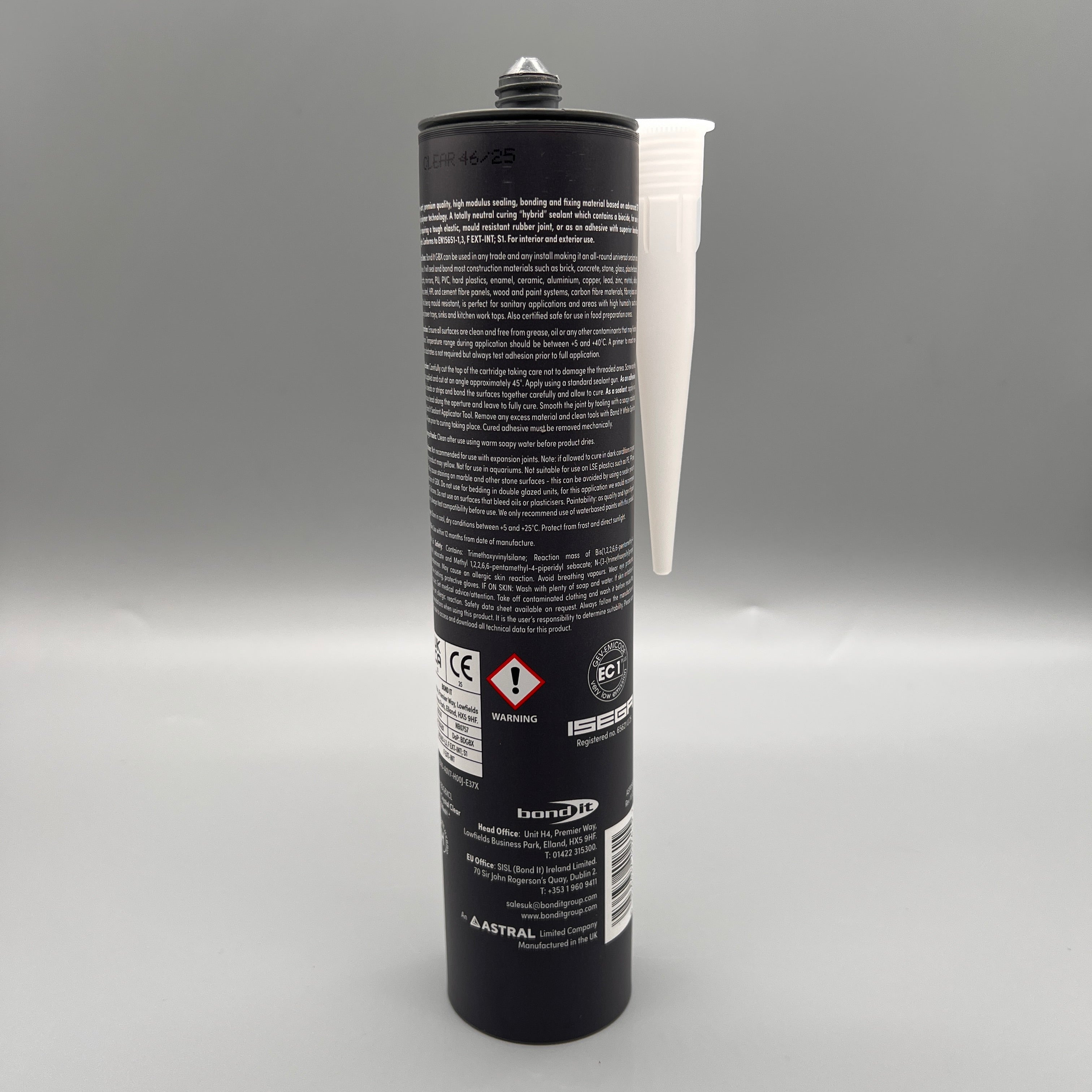 Back of Bond It GBX Next Gen STP Clear Hybrid Sealant & Adhesive showing product information and instructions