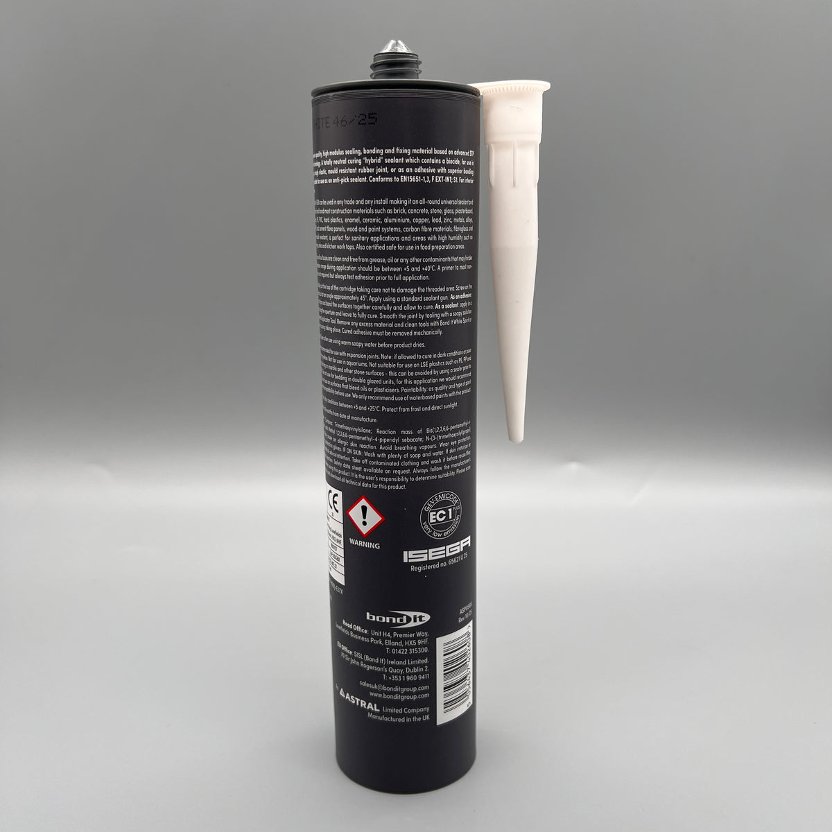 Back of Bond It GBX Next Gen STP White Hybrid Sealant & Adhesive showing product information and instructions