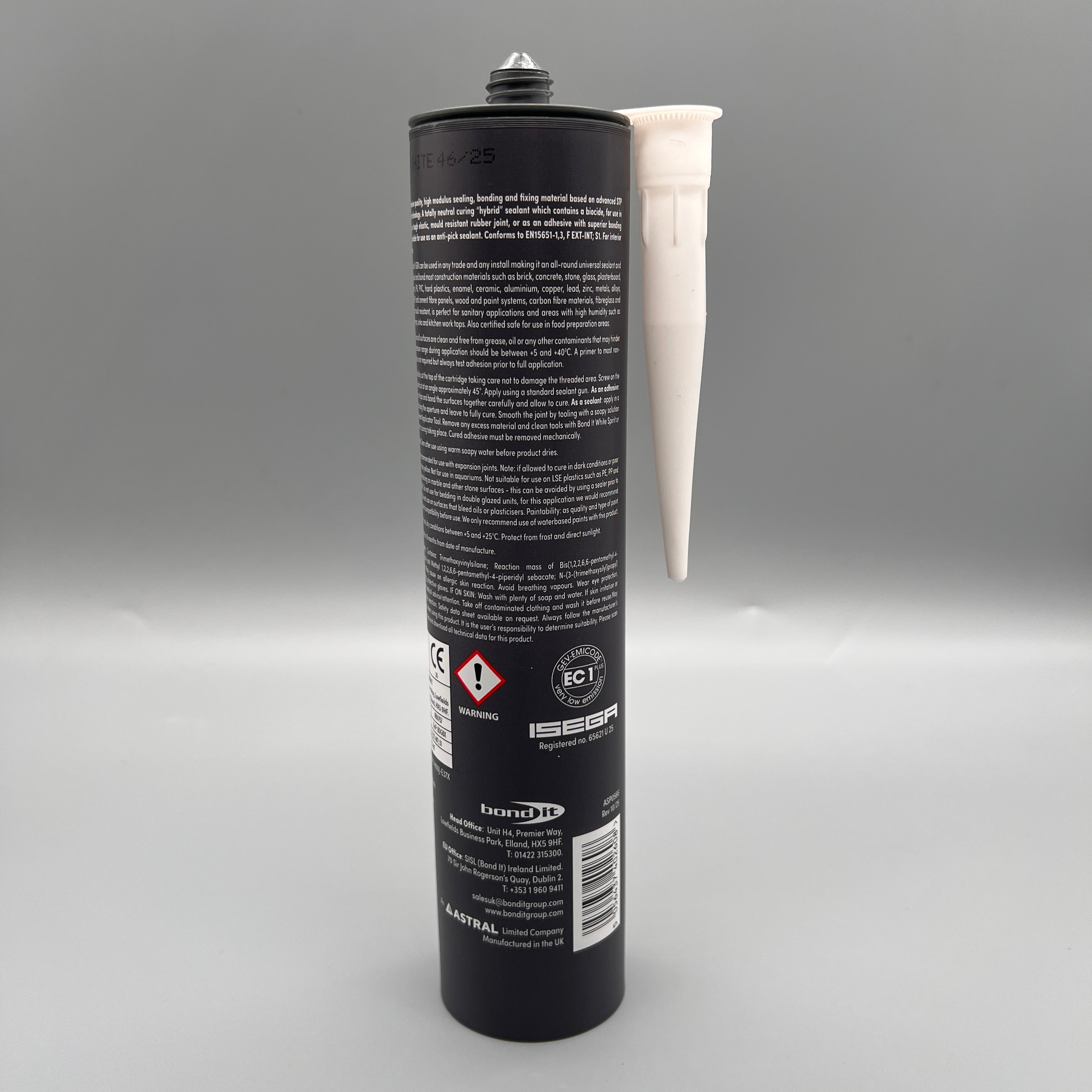 Back of Bond It GBX Next Gen STP White Hybrid Sealant & Adhesive showing product information and instructions