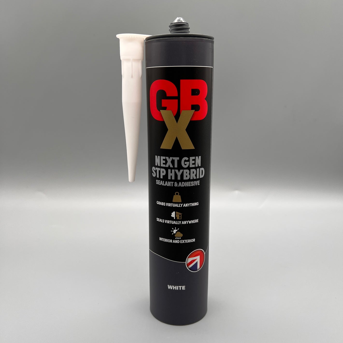 Front view of Bond It GBX Next Gen STP White Hybrid Sealant & Adhesive 310ml cartridge