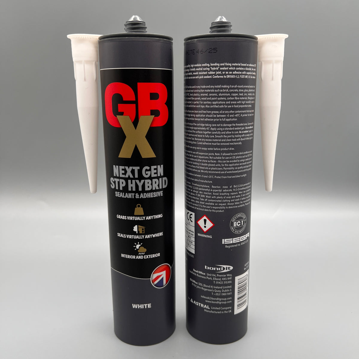 Front and Back of Bond It GBX Next Gen STP White Hybrid Sealant & Adhesive showing product information and instructions