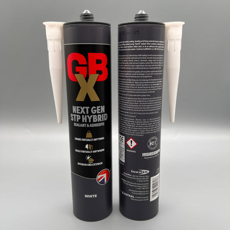 Front and Back of Bond It GBX Next Gen STP White Hybrid Sealant & Adhesive showing product information and instructions