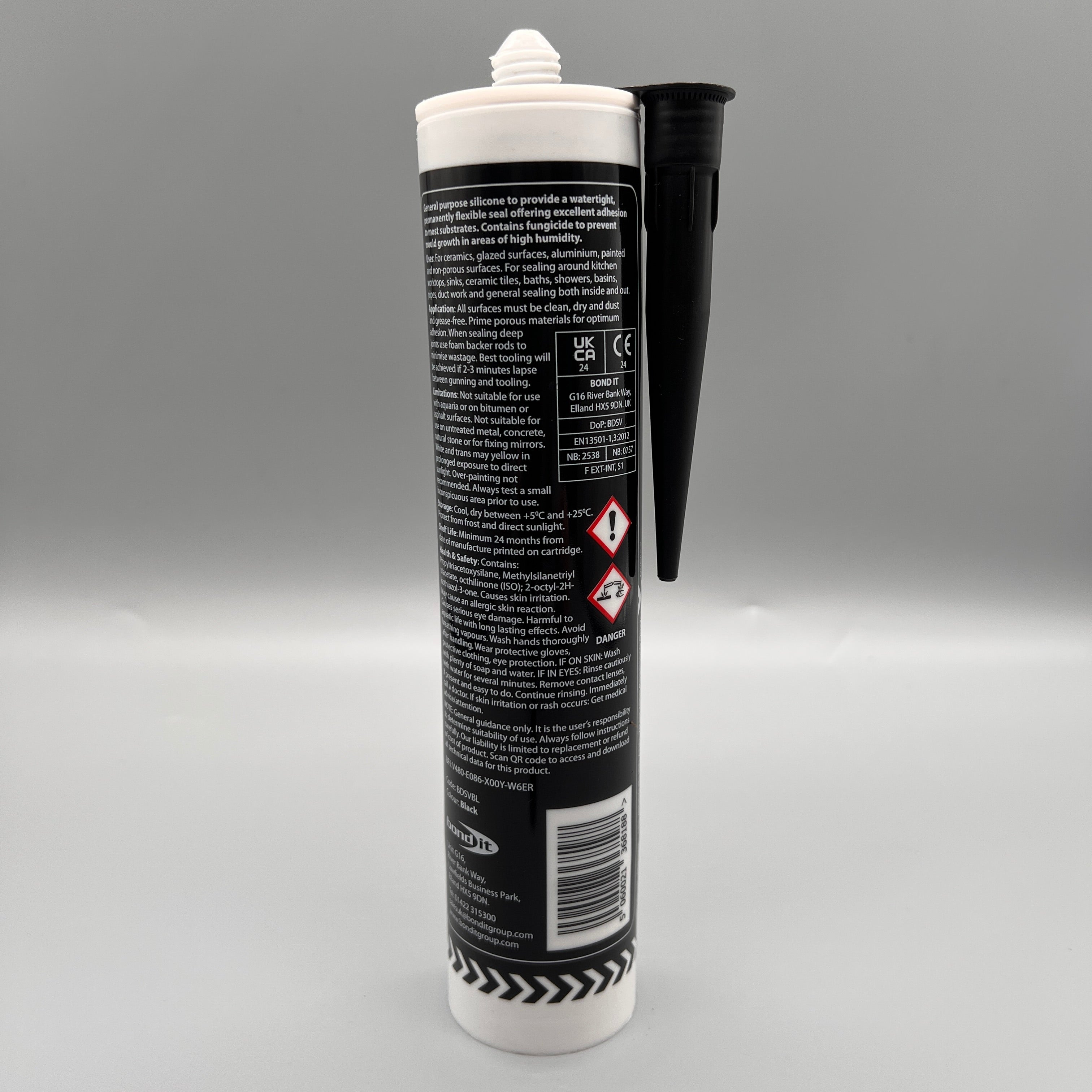 Back view of Bond It GP200 General Purpose Black Silicone Sealant 310ml with instructions and safety information