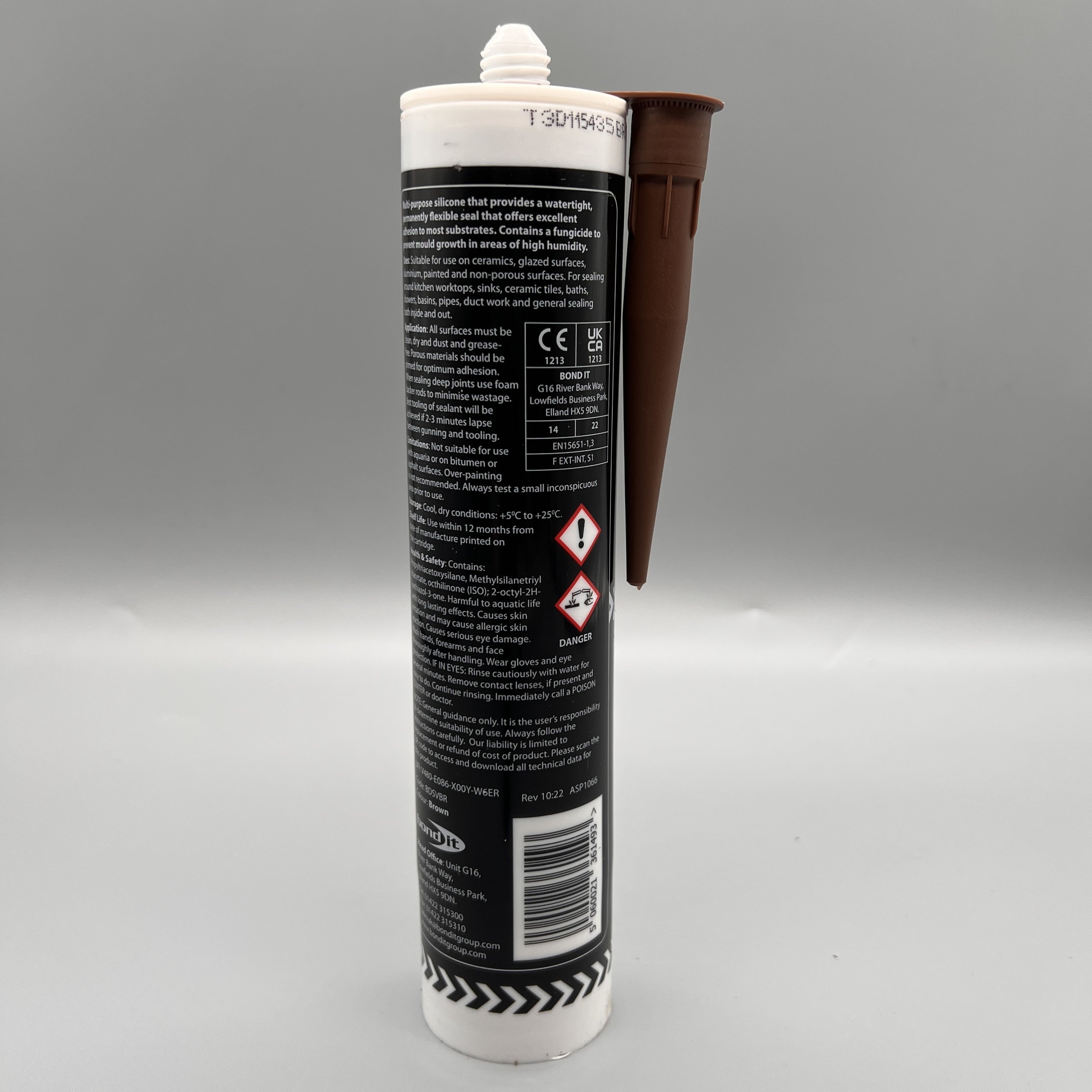 Back view of Bond It GP200 General Purpose Brown Silicone Sealant 310ml with instructions and safety information