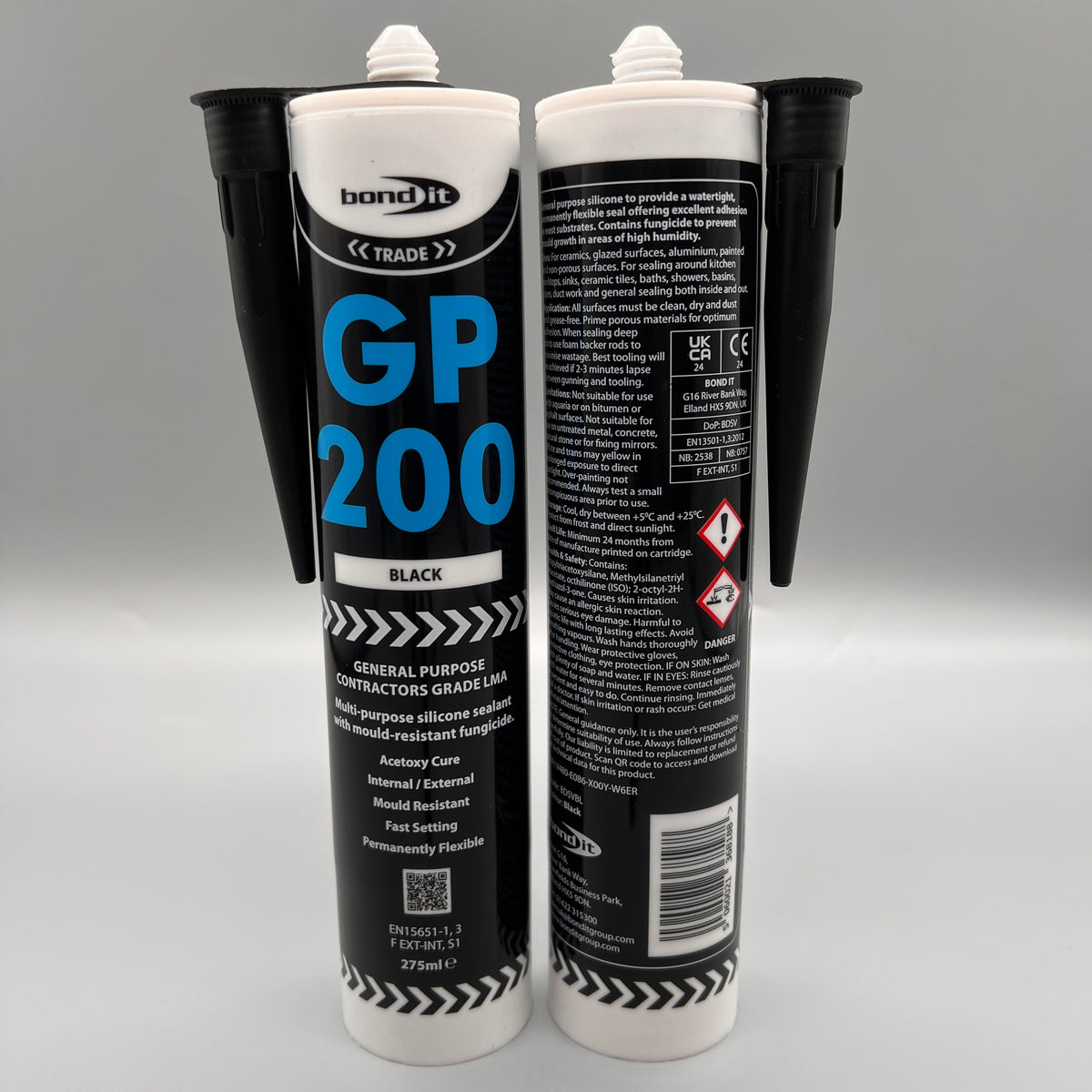 Front and Back view of Bond It GP200 General Purpose Silicone Sealant 310ml with instructions and safety information and front view