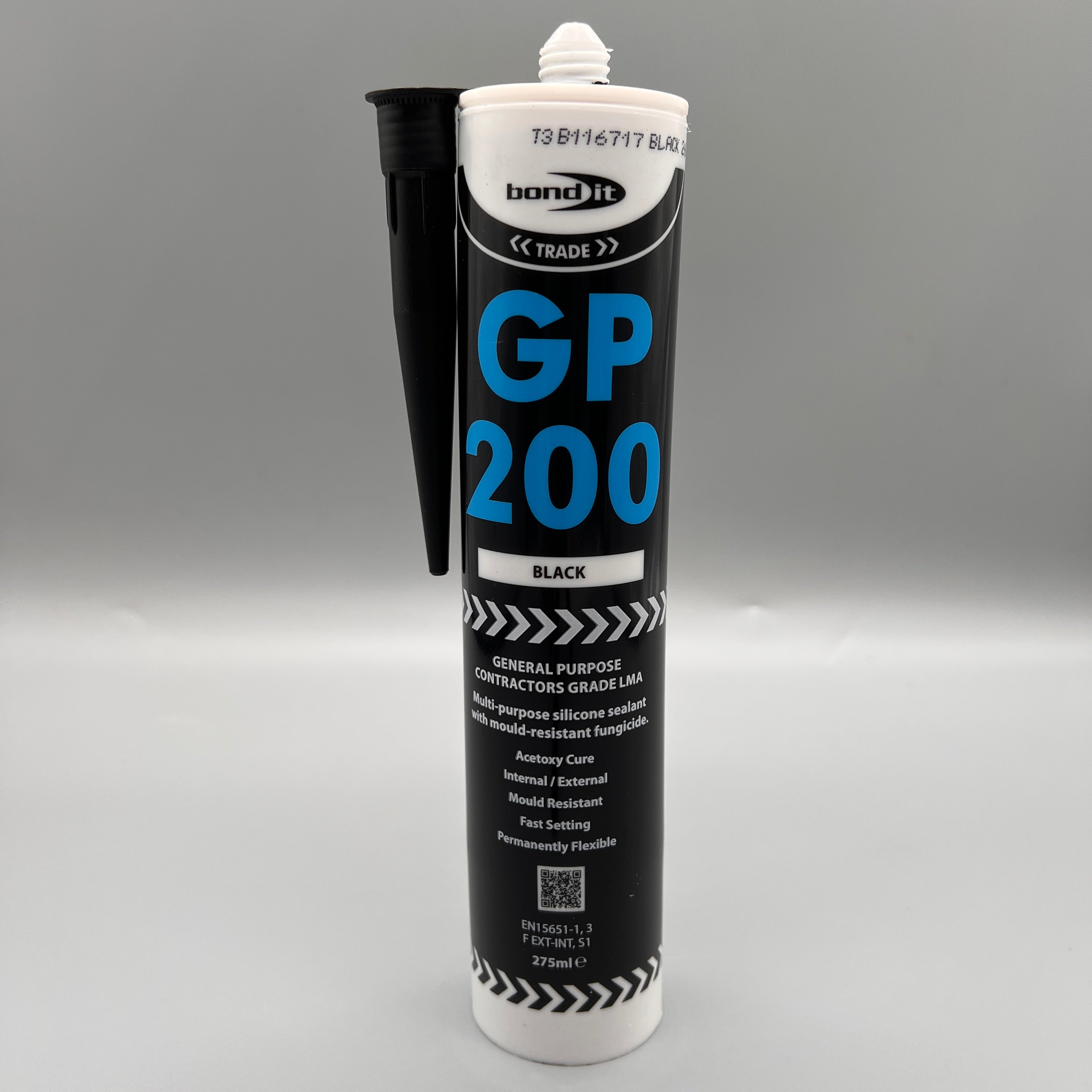Front view of Bond It GP200 General Purpose Black Silicone Sealant 310ml cartridge