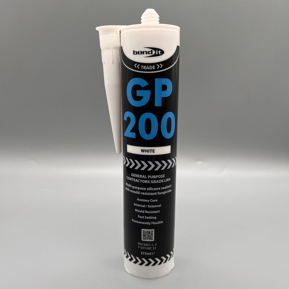 Front view of Bond It GP200 General Purpose White Silicone Sealant 310ml cartridge