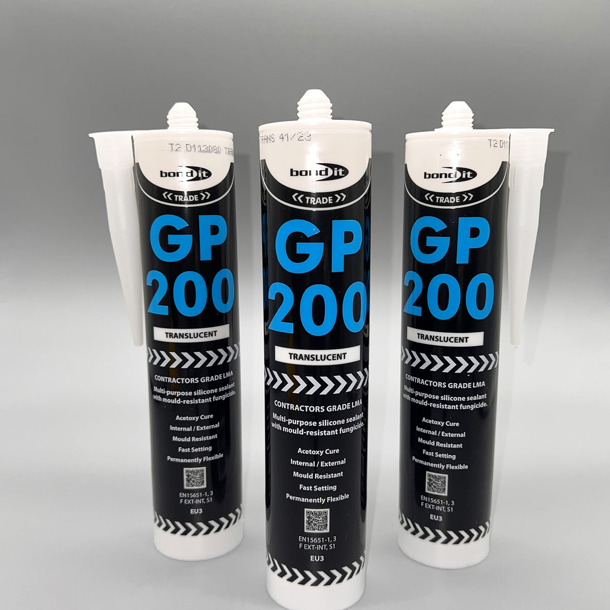 Three tubes of Bond It GP200 General Purpose Silicone Sealant 310ml arranged together