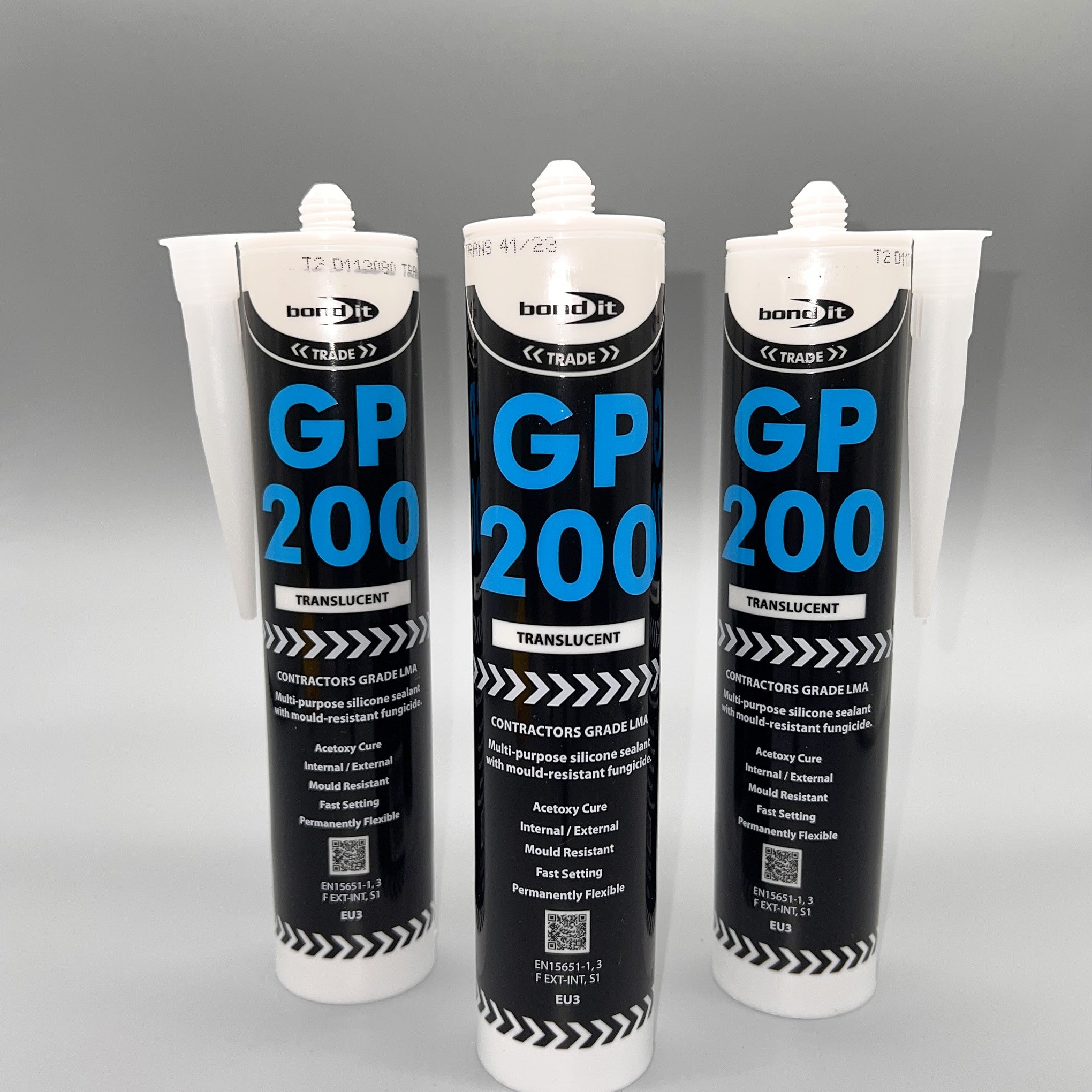 Three tubes of Bond It GP200 General Purpose Silicone Sealant 310ml arranged together
