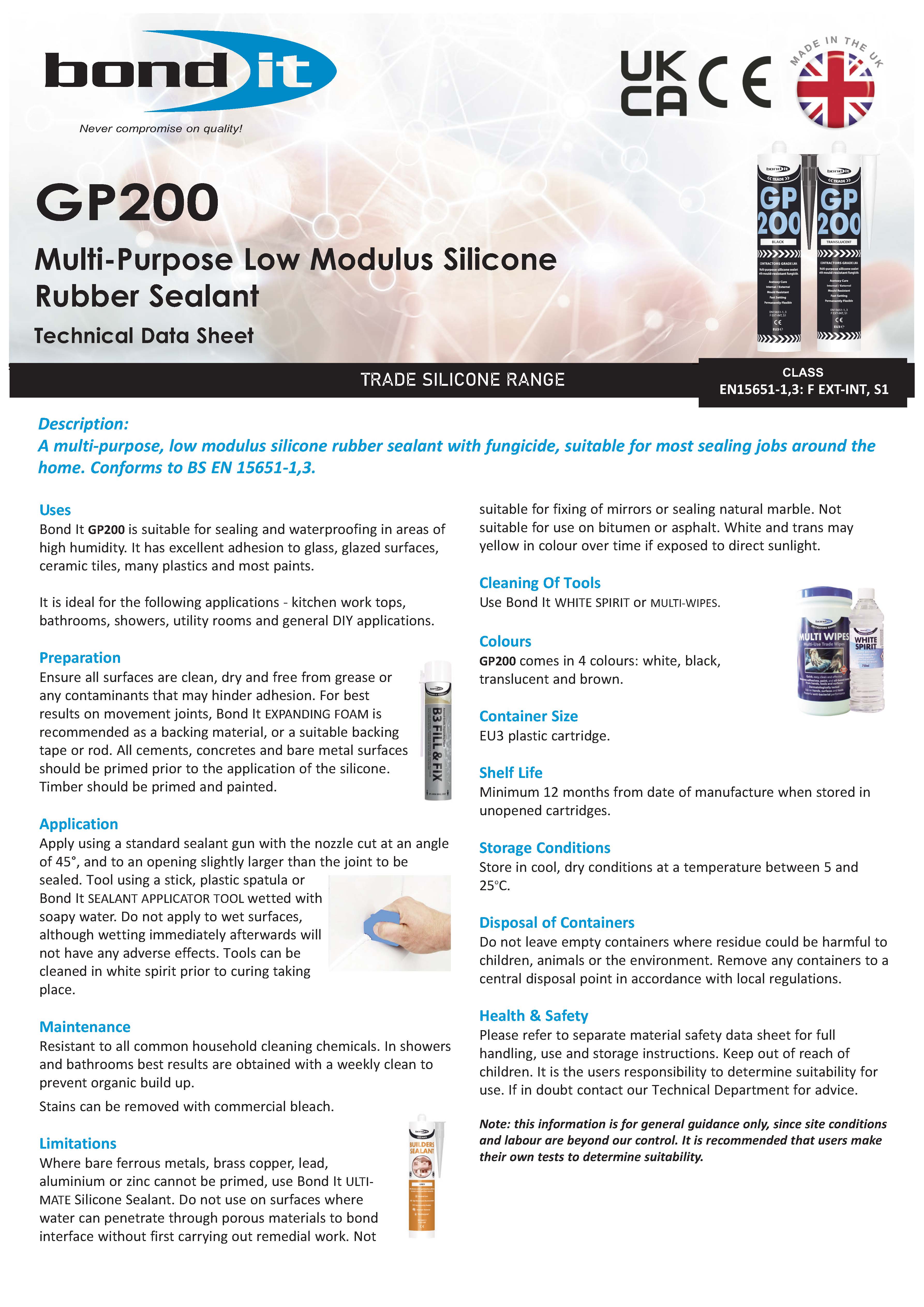Bond It GP200 General Purpose Silicone Sealant technical data sheet page 1