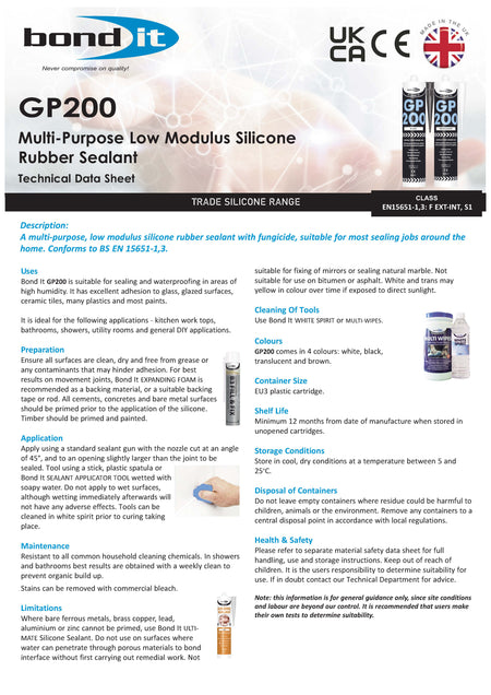 Bond It GP200 General Purpose Silicone Sealant technical data sheet page 1
