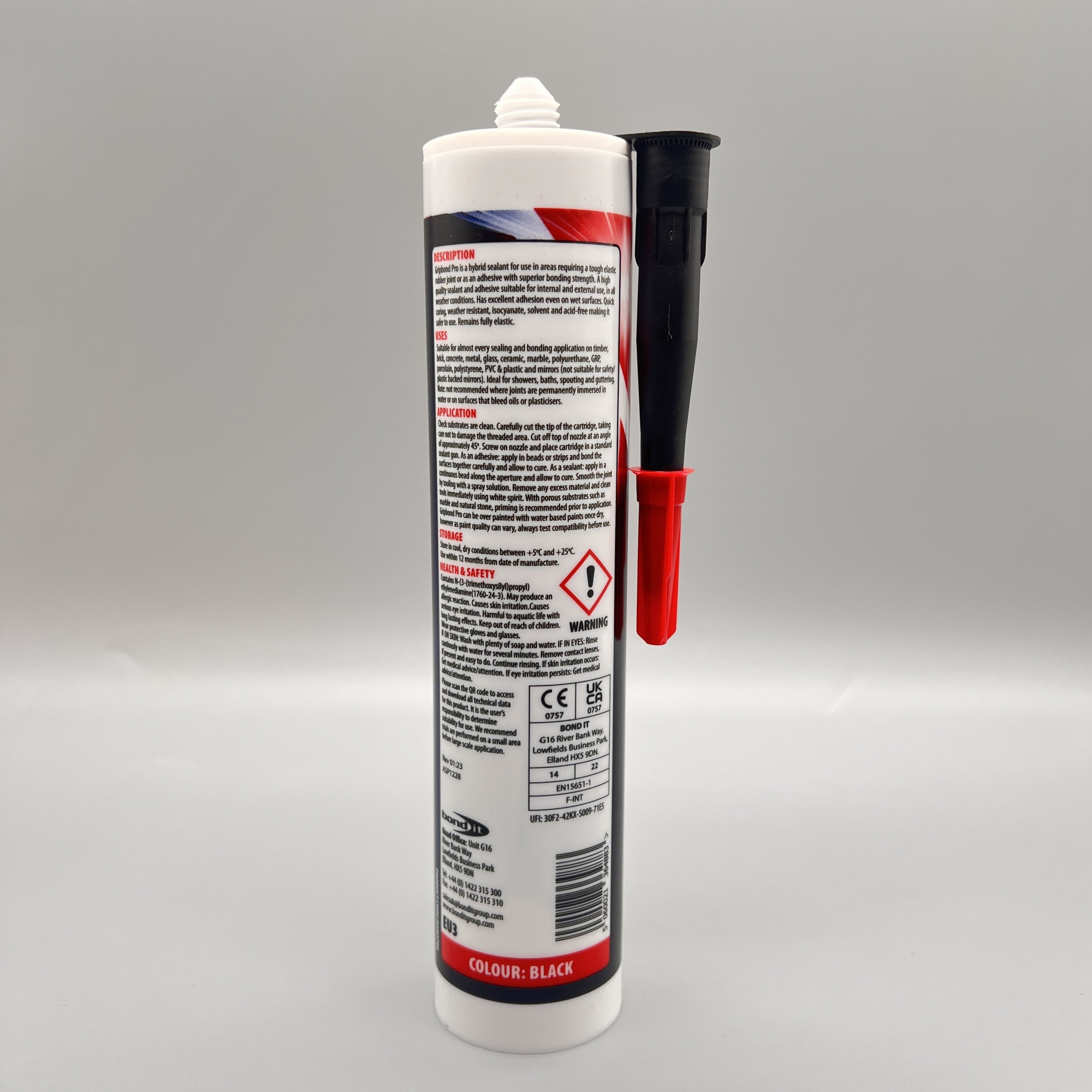 Bond It Gripbond Pro Black adhesive tube back view showing product details