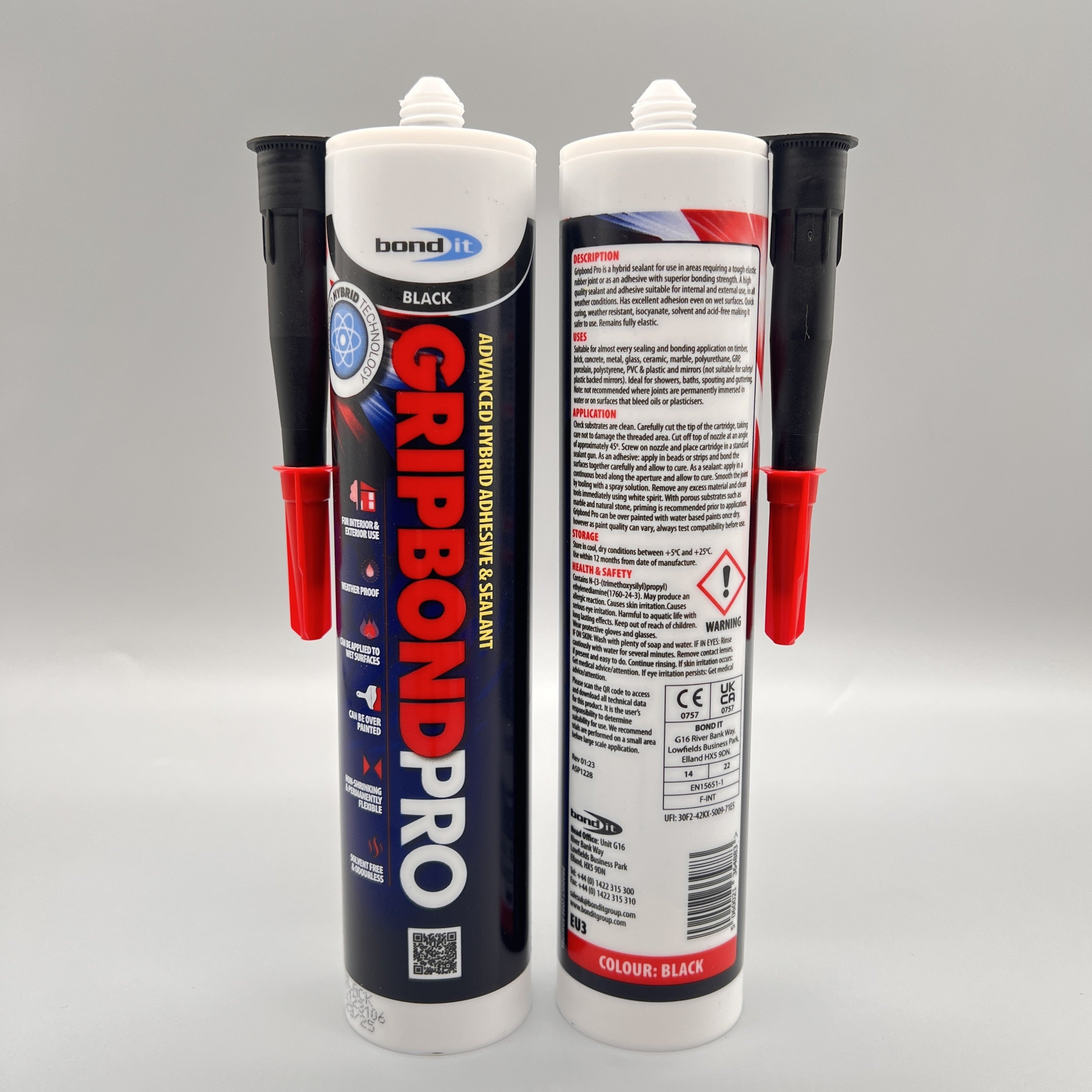 Bond It Gripbond Pro Black adhesive tubes displayed front and back