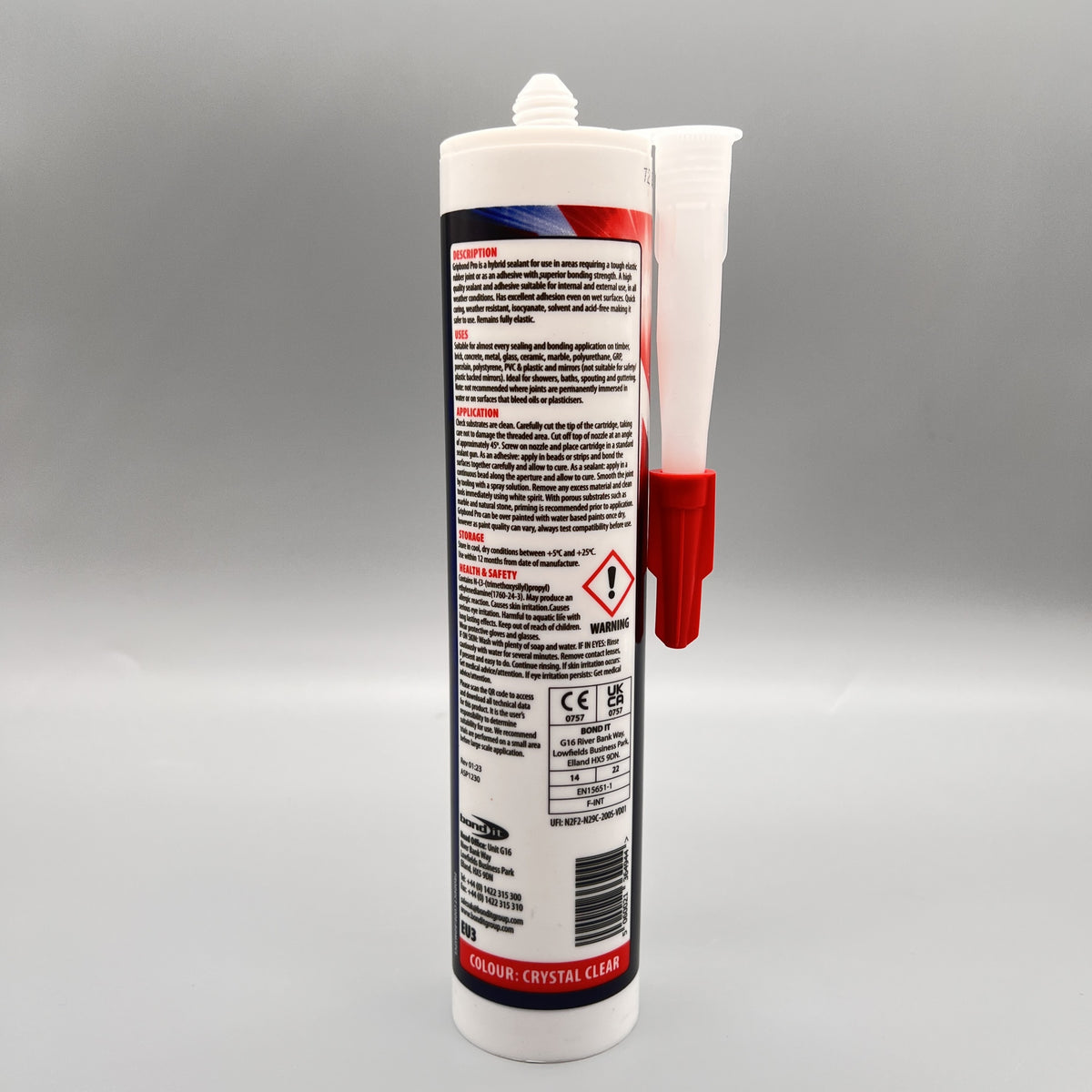 Bond It Gripbond Pro Clear adhesive – back of tube showing instructions and specifications