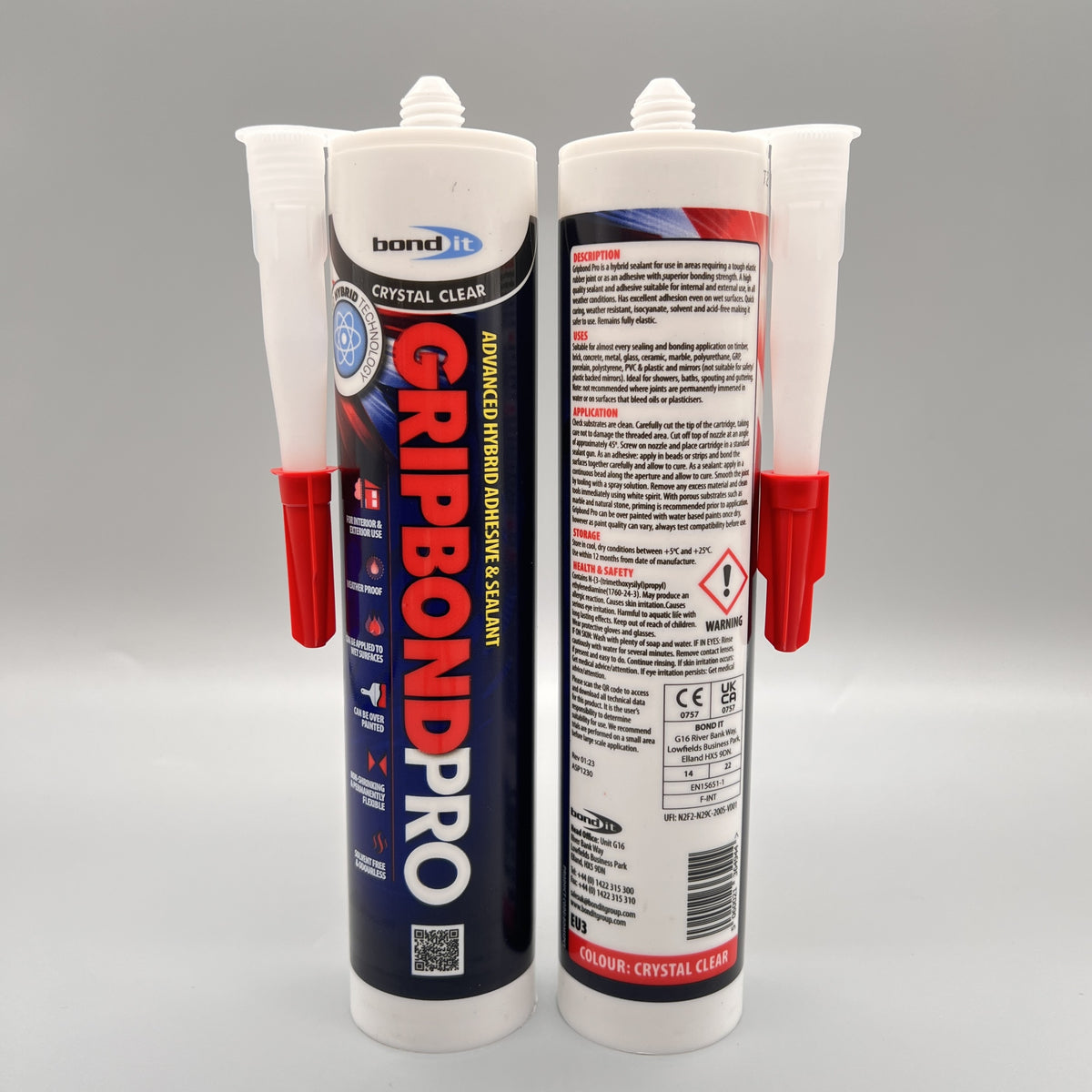 Bond It Gripbond Pro Clear adhesive – front and back tubes side by side for product listing