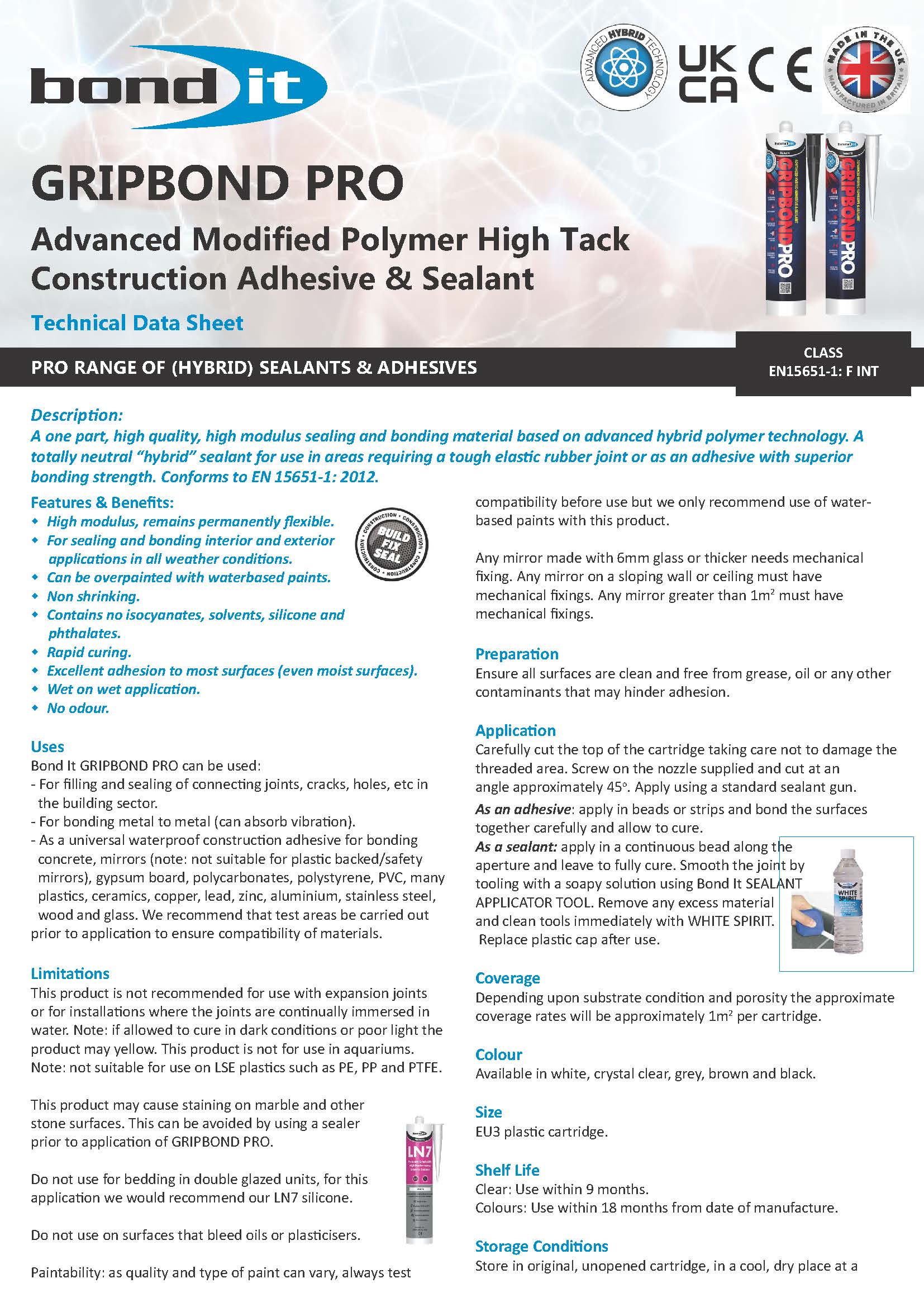 Bond It Gripbond Pro Clear product data sheet 1 with technical specifications