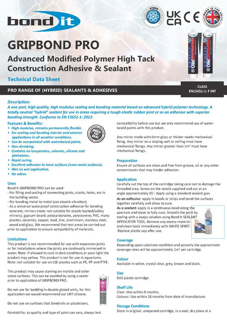 Bond It Gripbond Pro Clear product data sheet 1 with technical specifications