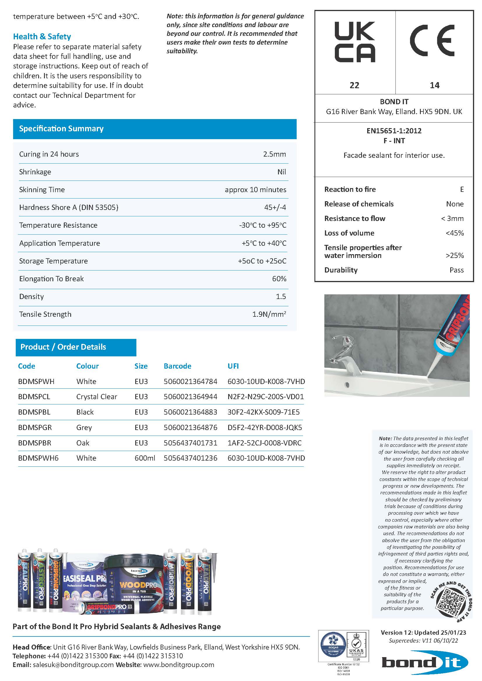 Bond It Gripbond Pro Clear product data sheet 2 with technical specifications