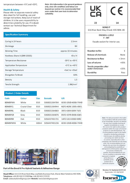 Bond It Gripbond Pro Clear product data sheet 2 with technical specifications