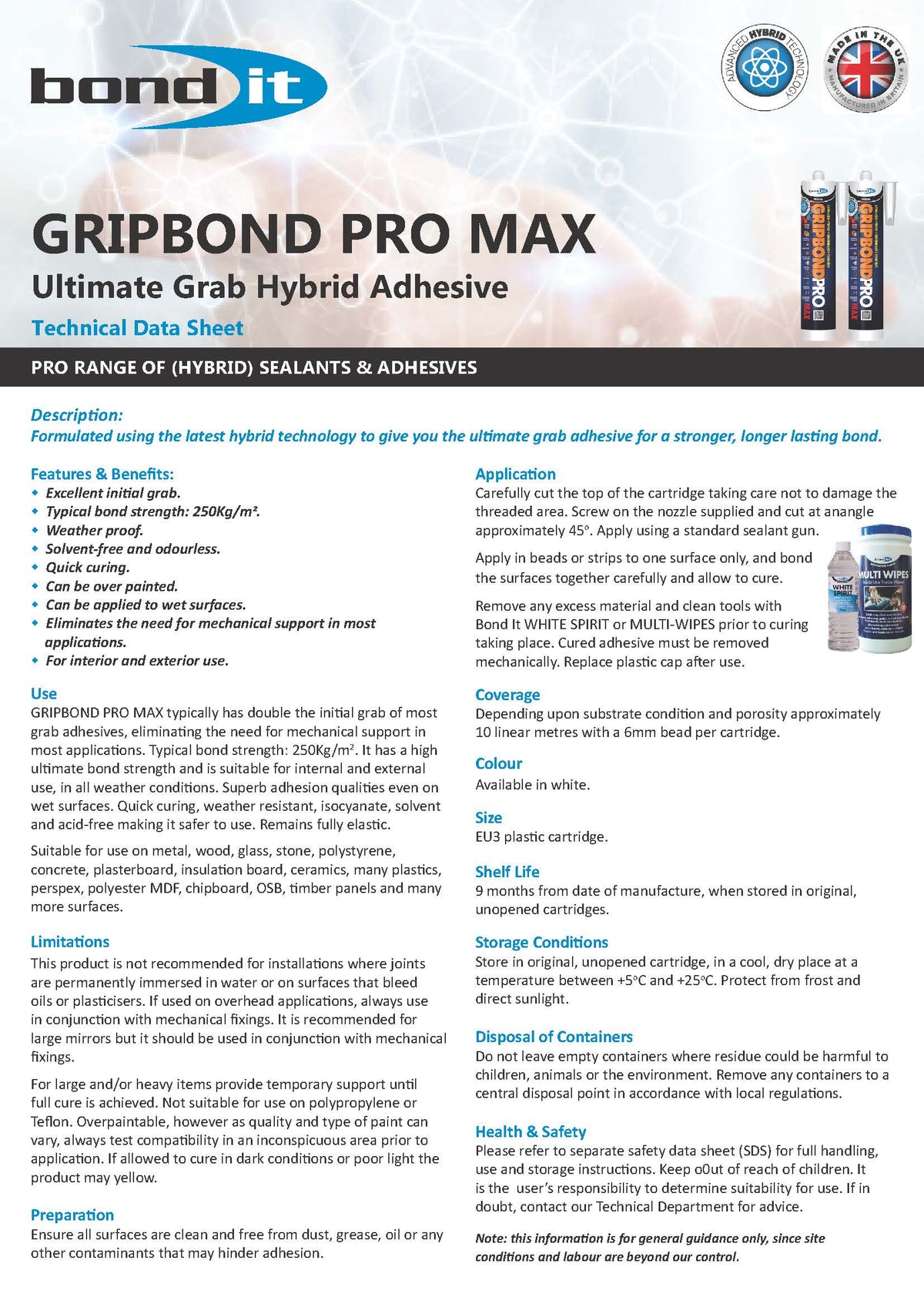 Bond It Gripbond Pro Max White technical data sheet page 1 showing specifications and performance data