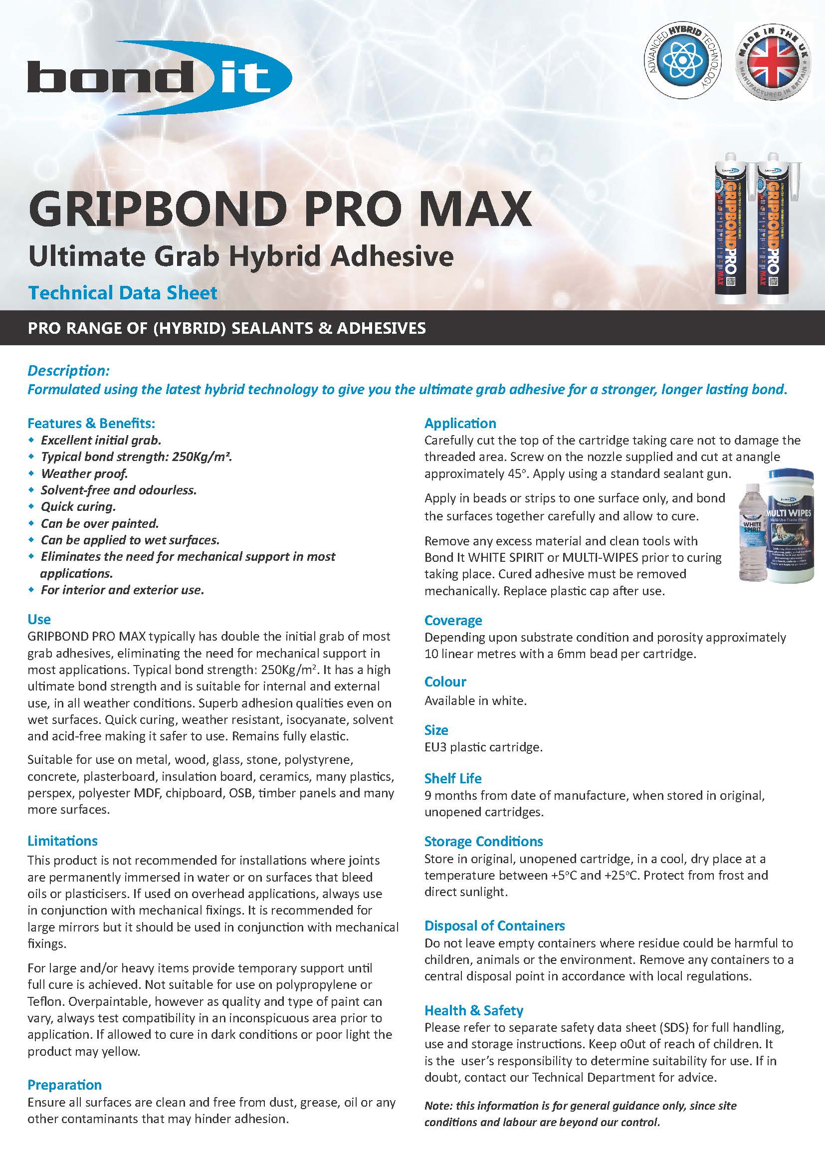 Bond It Gripbond Pro Max White technical data sheet page 1 showing specifications and performance data