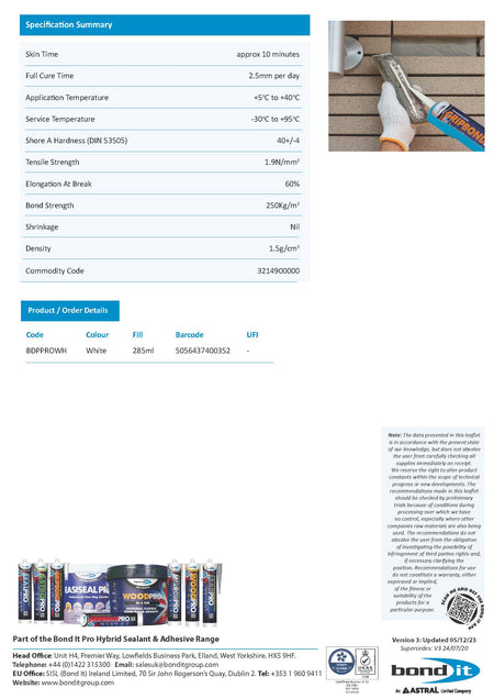 Bond It Gripbond Pro Max White technical data sheet page 2 with application guidance and safety information