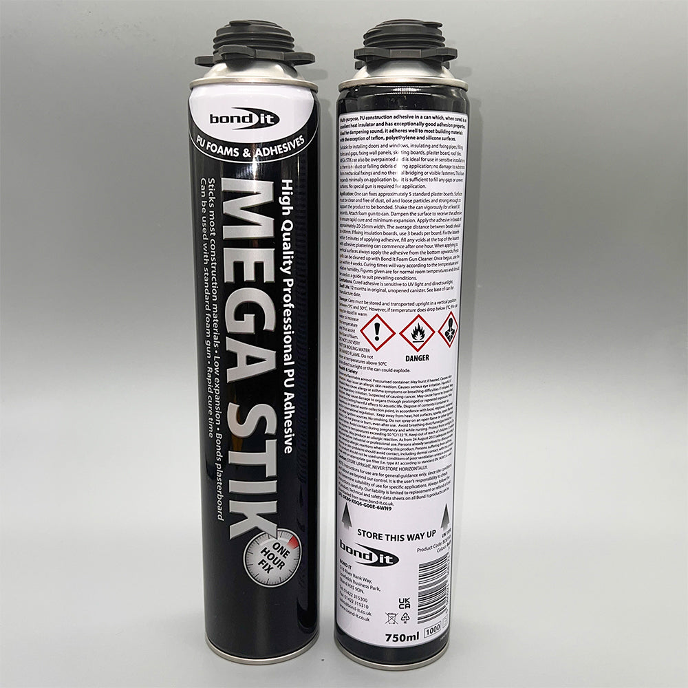 Front label and back instrcutions of Bond It Mega Stik PU adhesive foam 750ml gun grade