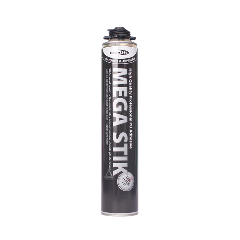 Bond It Mega Stik PU adhesive foam 750ml gun grade can on white background