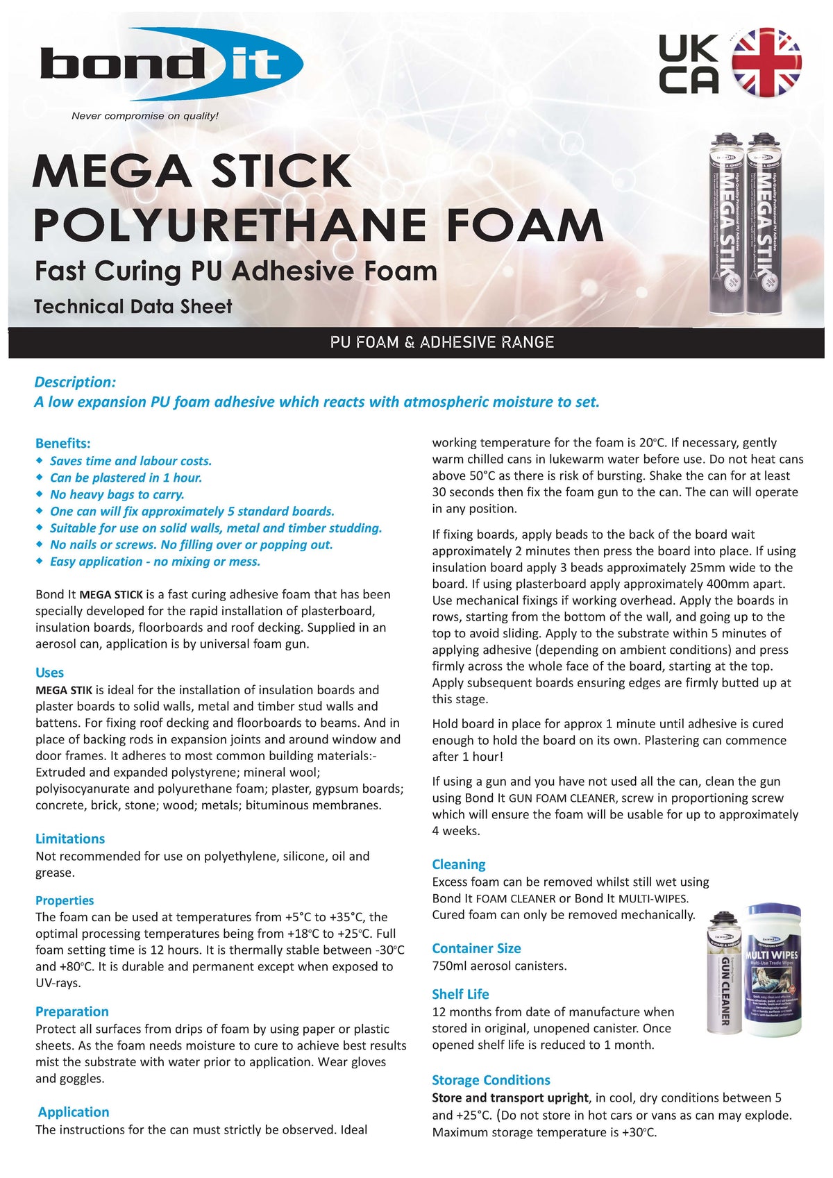 Bond It Mega Stik PU adhesive foam technical data sheet (TDS) 1