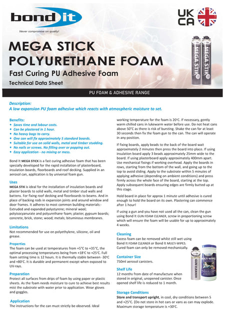 Bond It Mega Stik PU adhesive foam technical data sheet (TDS) 1