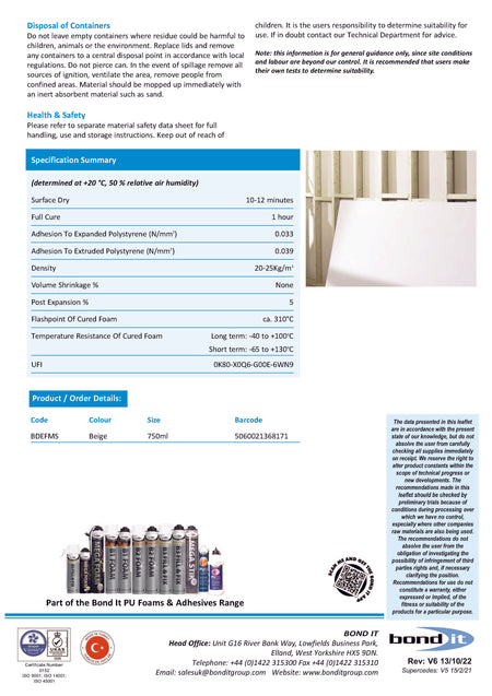 Bond It Mega Stik PU adhesive foam technical data sheet (TDS) 2