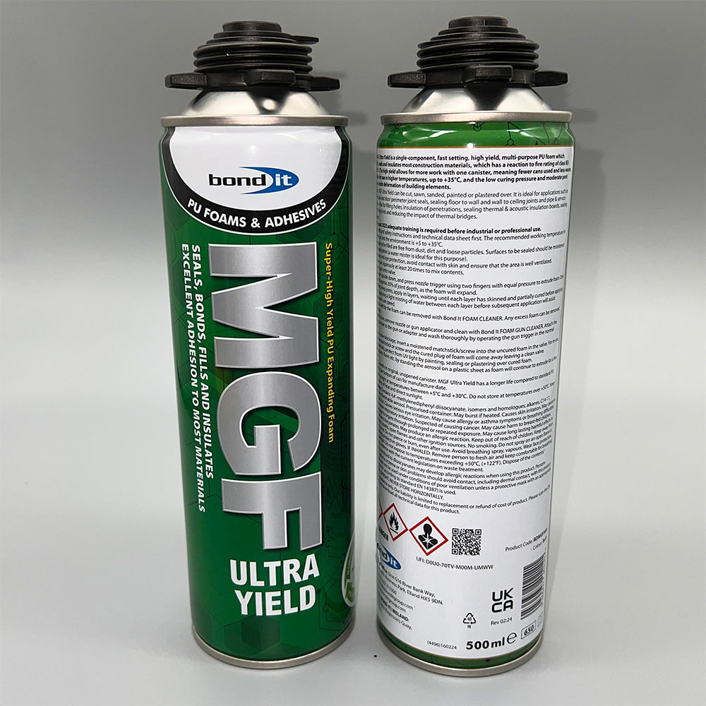 Front and back of Bond It MGF ultra high yield expanding PU foam 500ml