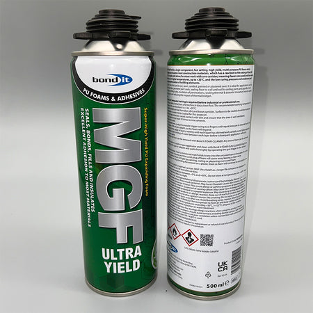 Front and back of Bond It MGF ultra high yield expanding PU foam 500ml