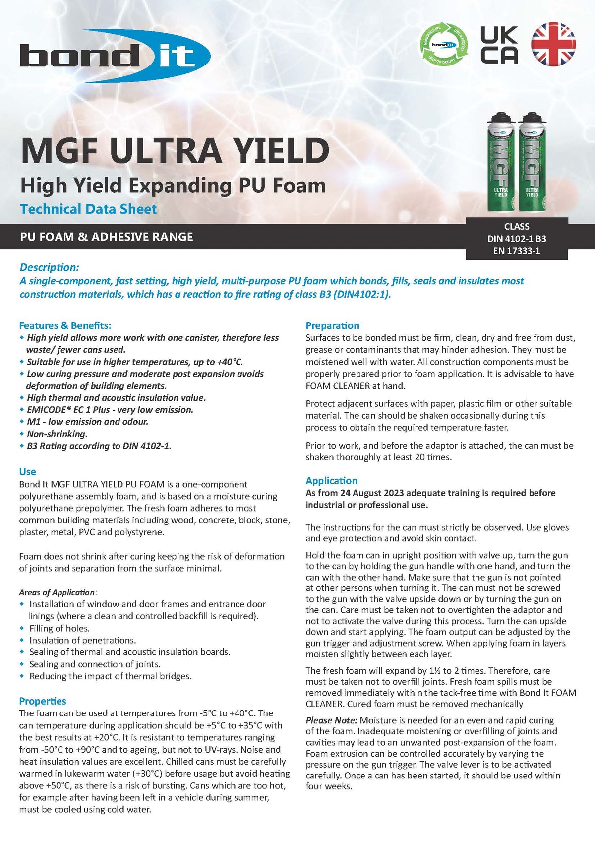 Bond It MGF ultra high yield PU foam technical data sheet page 1