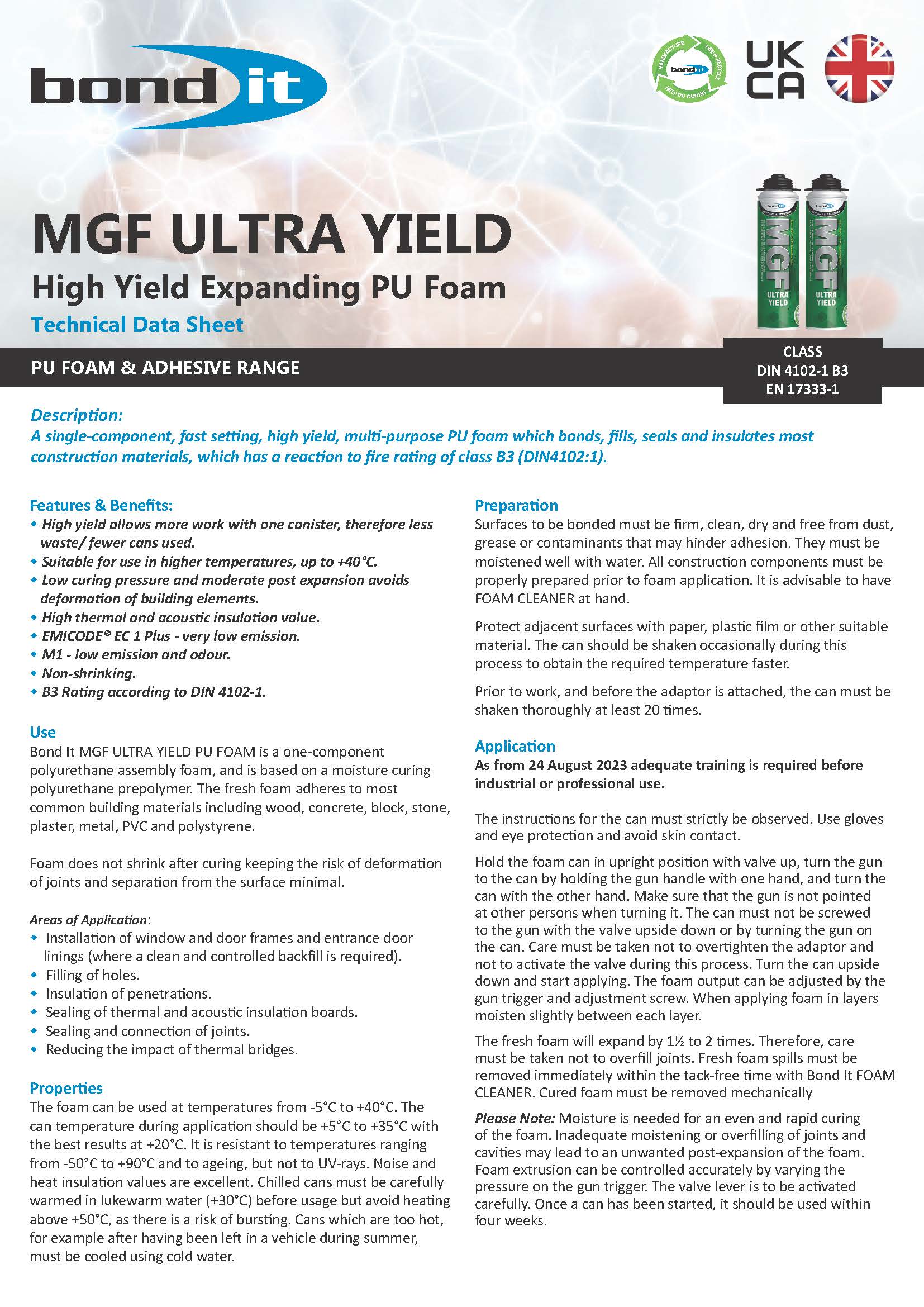 Bond It MGF ultra high yield PU foam technical data sheet page 1