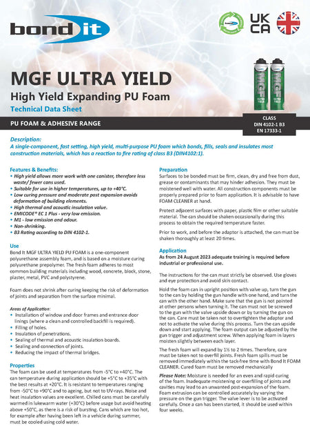 Bond It MGF ultra high yield PU foam technical data sheet page 1